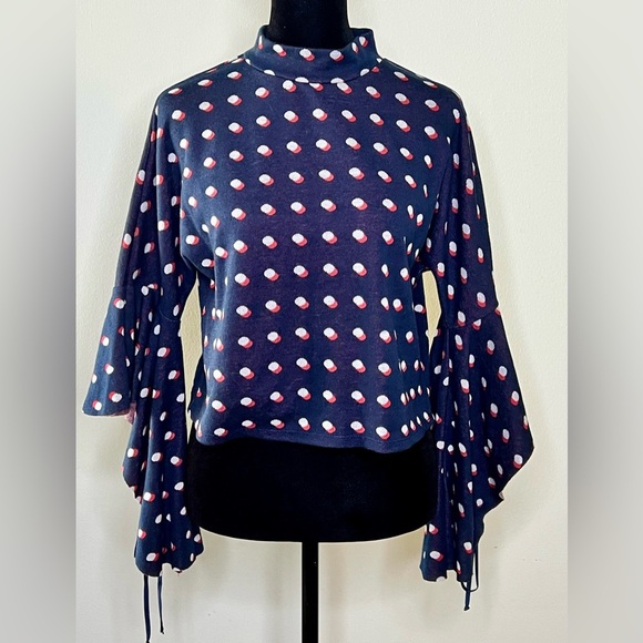 BCBGeneration mock turtleneck bell sleeves blue with polka dots sweater small - Picture 1 of 8